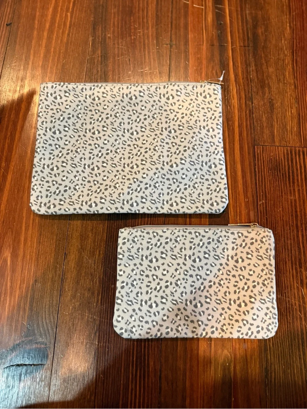 Set of 2 Leopard Print Zip Pouch Set in Light Gray and Black